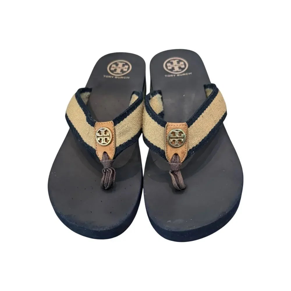 Tory Burch Frankie Wedge Flip Flop Sandals Navy Tan Women’s Sz 8